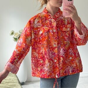 Ruby Rd Linen Blend Floral Blouse Orange Pink Boho Button Up Top Size 16